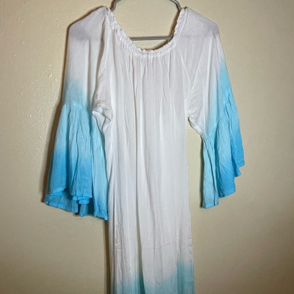 White and Blue Ombre Bell Sleeve Dress very sheer